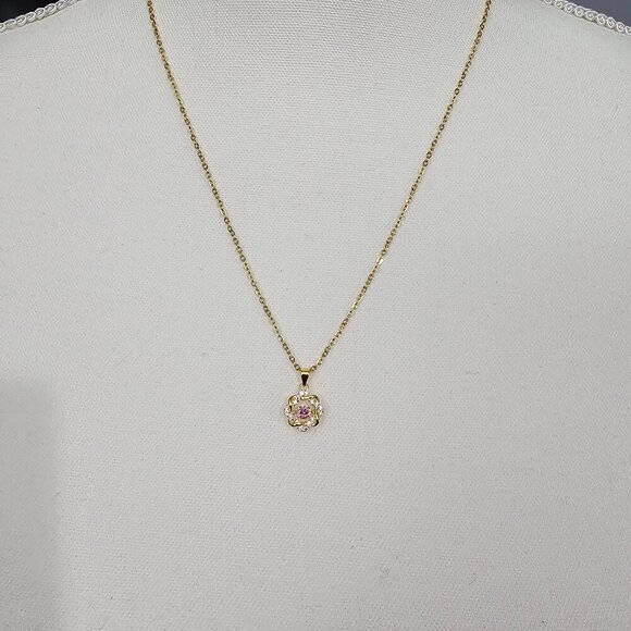 Simulated Pink Diamond Gold Tone New 14K Over Sterling Silver Pendant Necklace - Picture 2 of 8